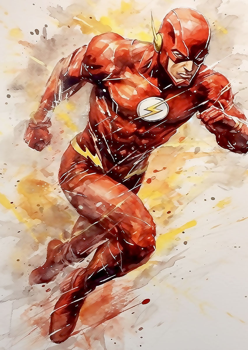 Dynamic artwork of a Flash style superhero in vibrant red costume running with energy and motion.